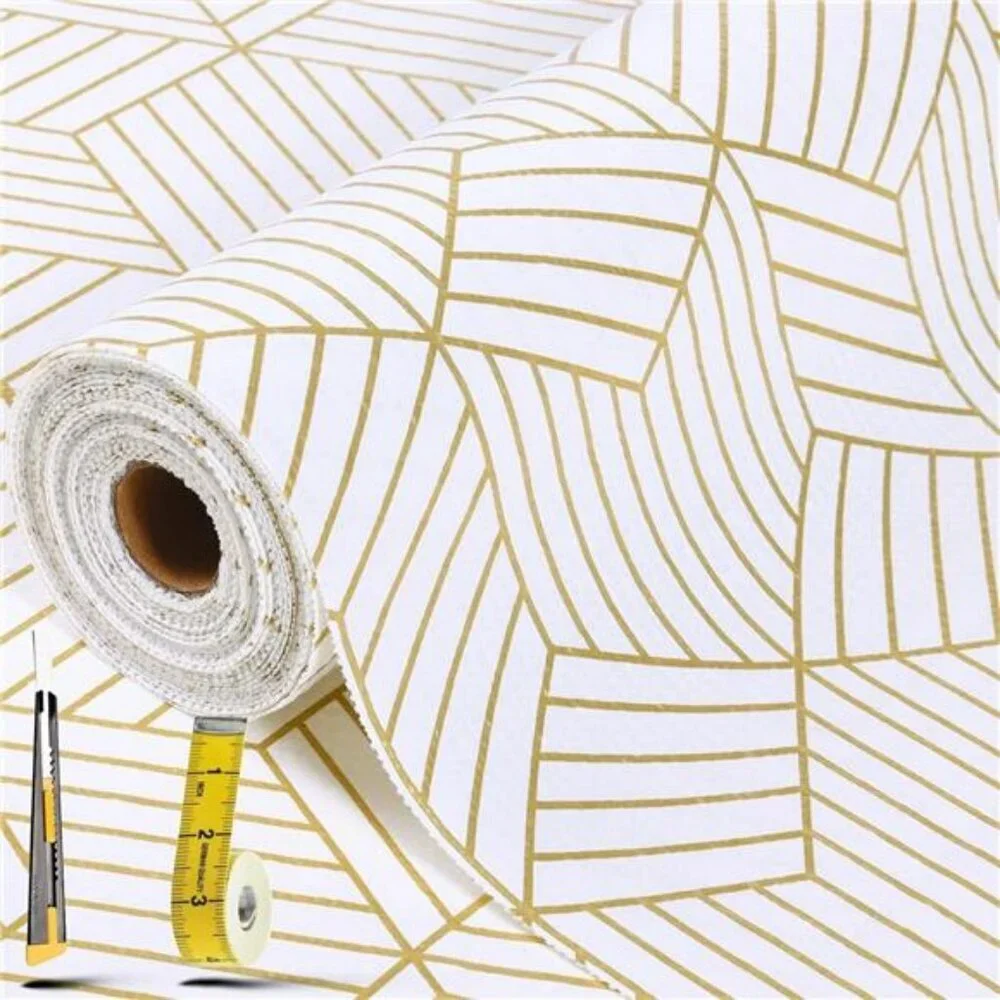 Gold Geometric Shelf Liner 12x20ft Non Slip Kitchen Cabinet Drawer Liner Durable